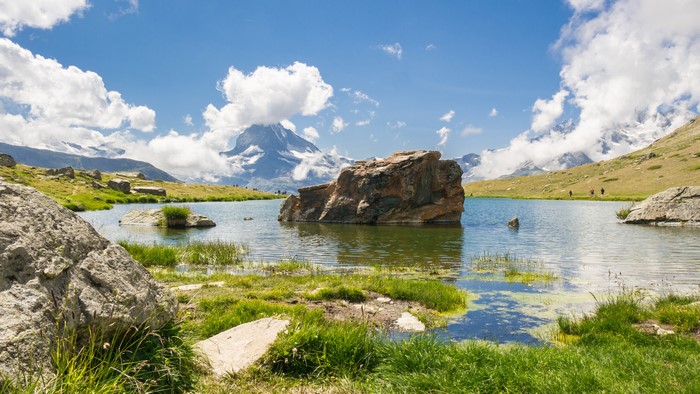 4K Lake Stellisee Switzerland Summer Stones Scenery Grass