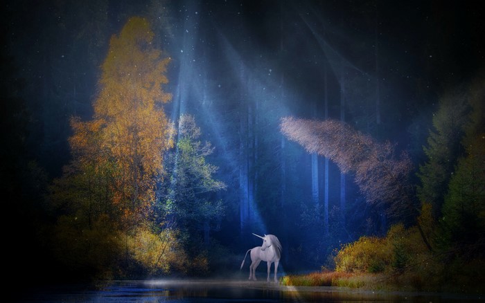 Unicorn in a moonlit forest with light rays