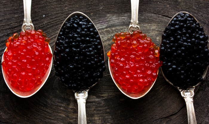 Four Spoons of Red and Black Caviar