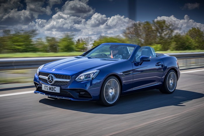 Blue 2016 Mercedes-Benz SLC 300 AMG Line Cabriolet in motion