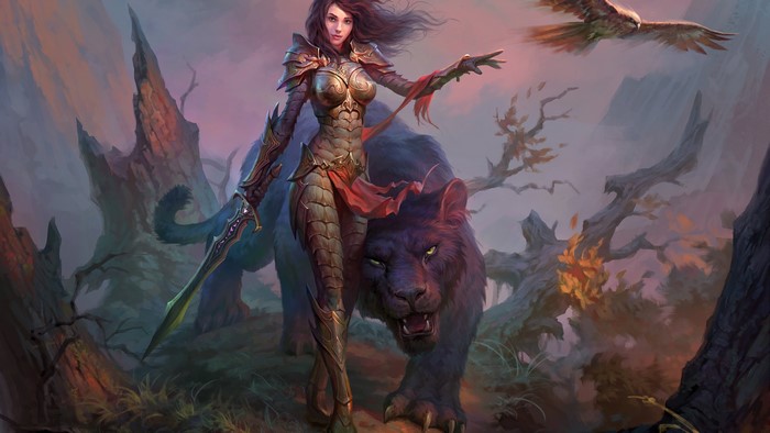 Woman in Armor with Panther and Eagle