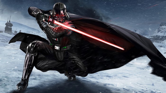 Darth Vader from Star Wars with a red lightsaber in the snow