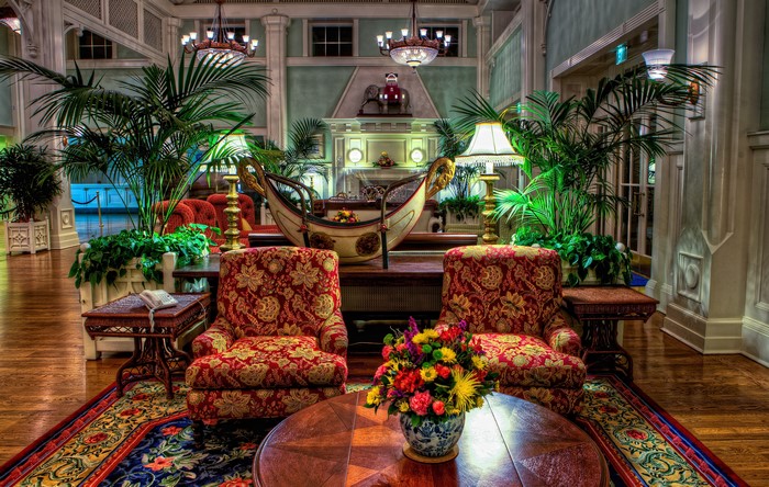Lobby interior with armchairs and plants