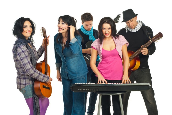 Band with Guitars and Keyboard on White Background