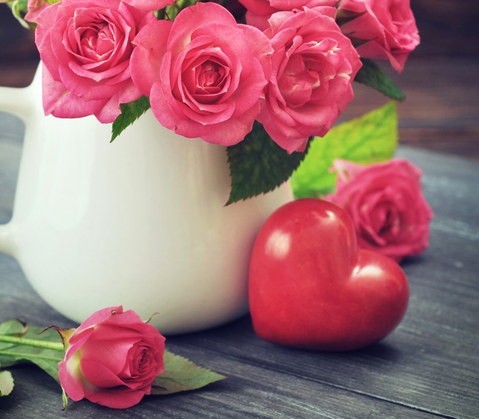 Pink Roses in a White Pitcher with a Red Heart