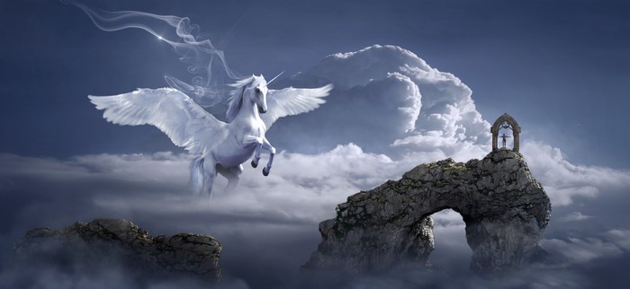 Pegasus flying near rock arch with person