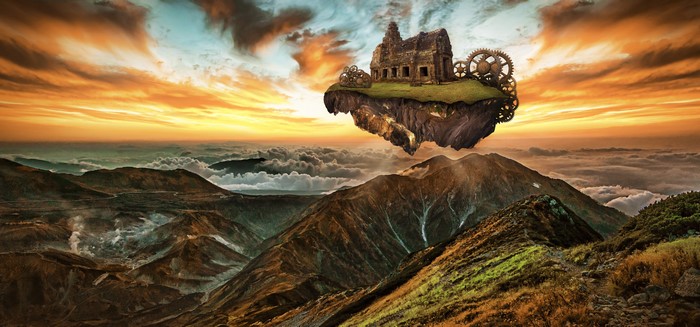 Floating island ruins with gears over mountains at sunset