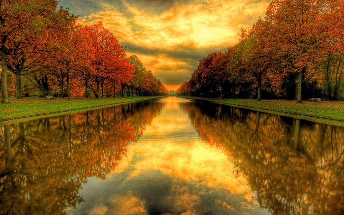 Autumn trees line a canal reflecting the sky