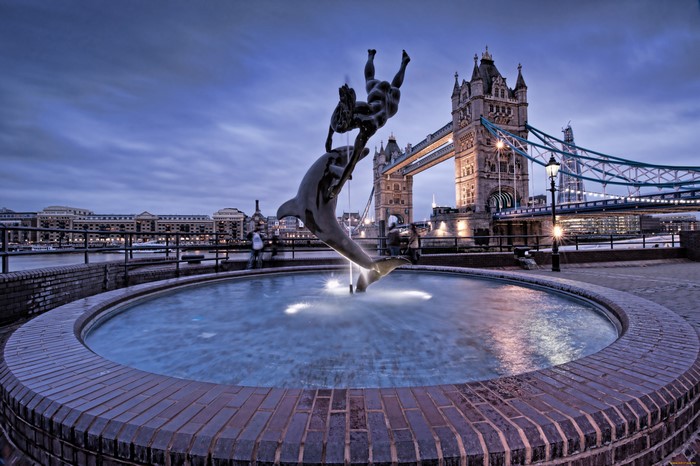 Fountain with Dolphin and Figure near Tower Bridge, London