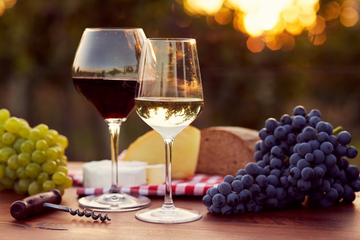 Two glasses of wine with grapes and cheese
