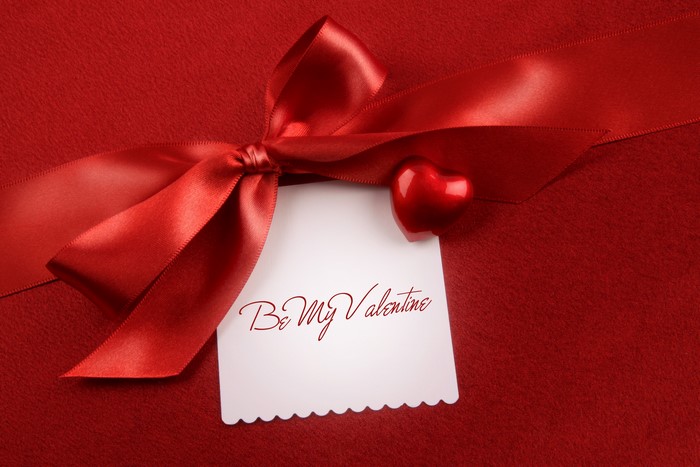 Red ribbon with "Be My Valentine" tag and heart