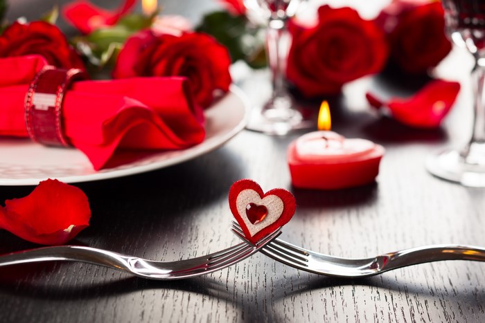 Valentine's Day Table Setting with Roses and Heart Candle