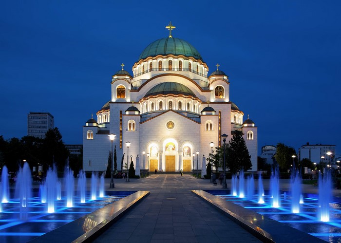 Temple of Saint Sava at Night with Illuminated Fountains 4K