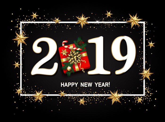 Happy New Year 2019 greeting with gift and stars