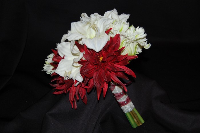 Red Dahlias and White Lilies Wedding Bouquet