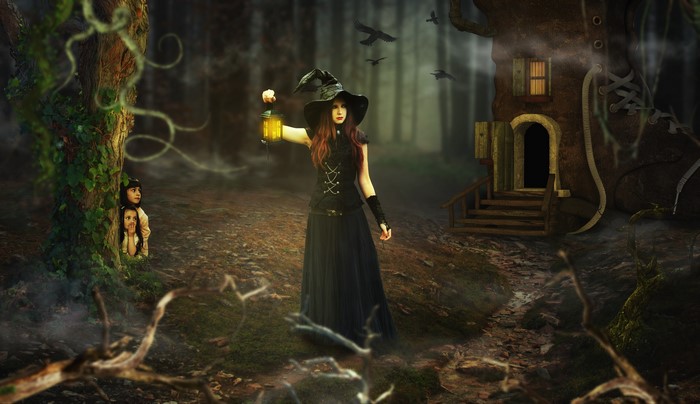 Witch with Lantern and Children in Forest