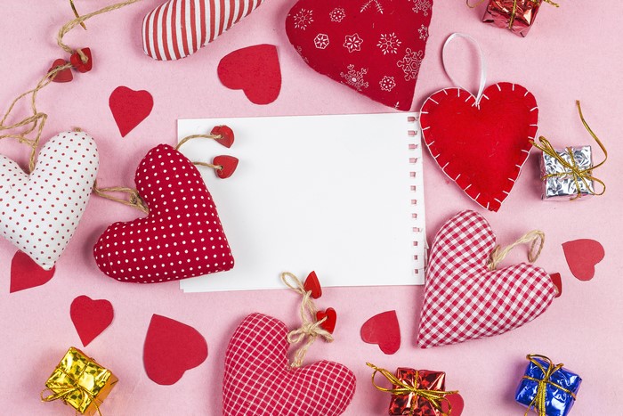 Valentine's Day heart decorations and blank card