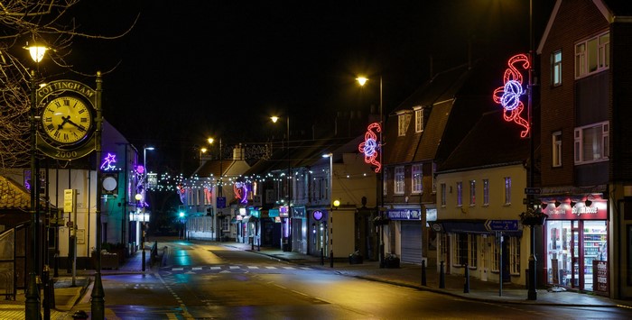 Cottingham street at night with Christmas lights