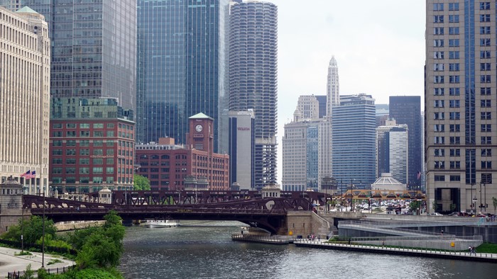Chicago City Skyline with River and Bridge