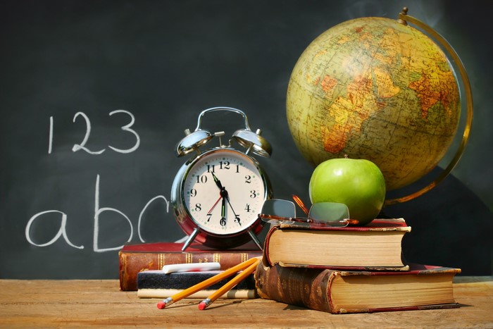 School supplies on a wooden desk with a chalkboard background