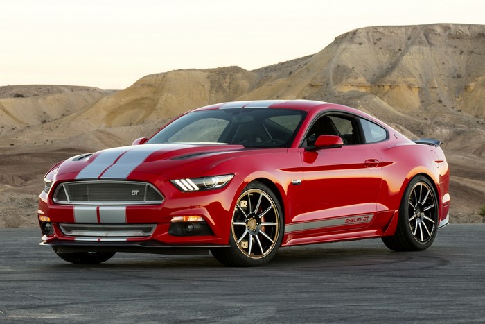 Red Shelby GT Mustang with Silver Stripes