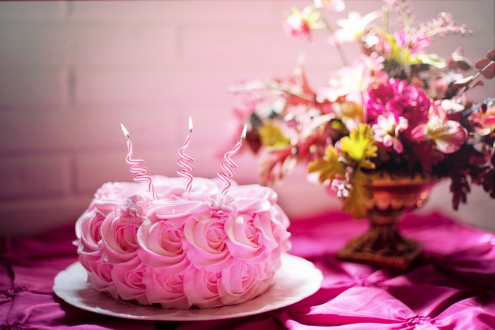 Pink Rose Birthday Cake with Candles