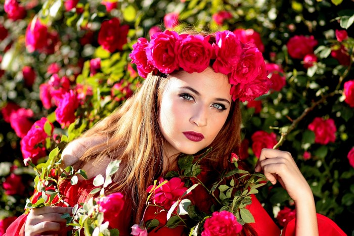 Woman with Rose Wreath in Roses
