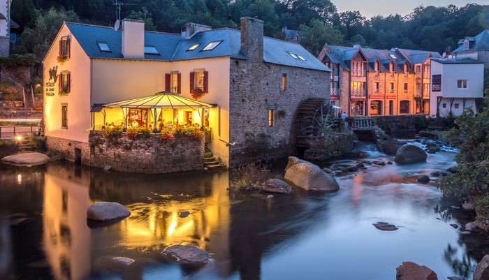 Pont Aven France riverfront buildings at dusk
