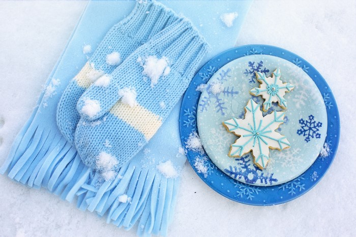 Snowflake cookies with mittens and scarf on snow