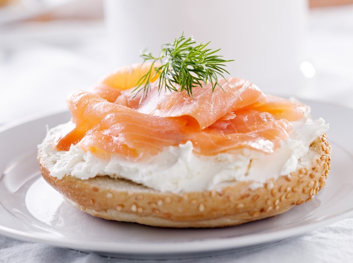 Bagel with cream cheese, smoked salmon, and dill