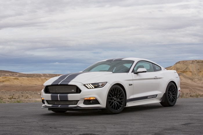 White Shelby GT Supercar with Racing Stripes