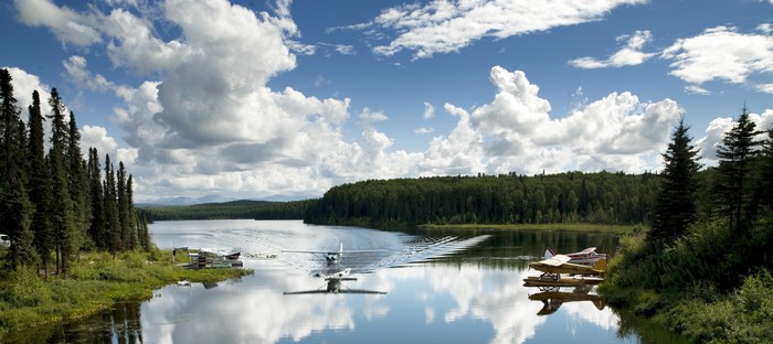 Seaplanes on a lake in Alaska