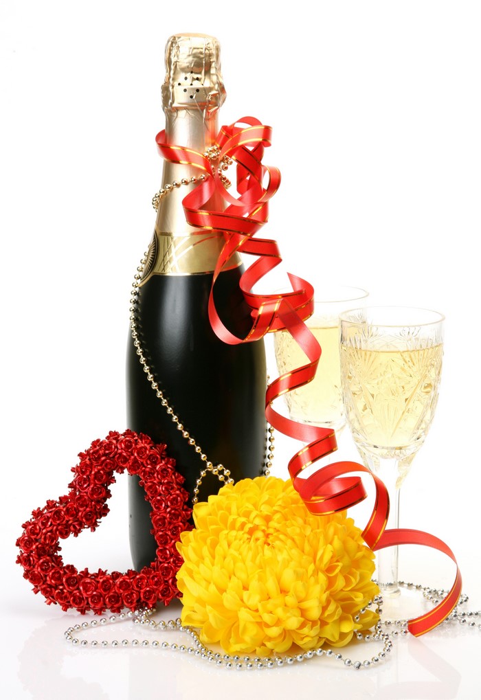 Champagne bottle with glasses, heart, and flower