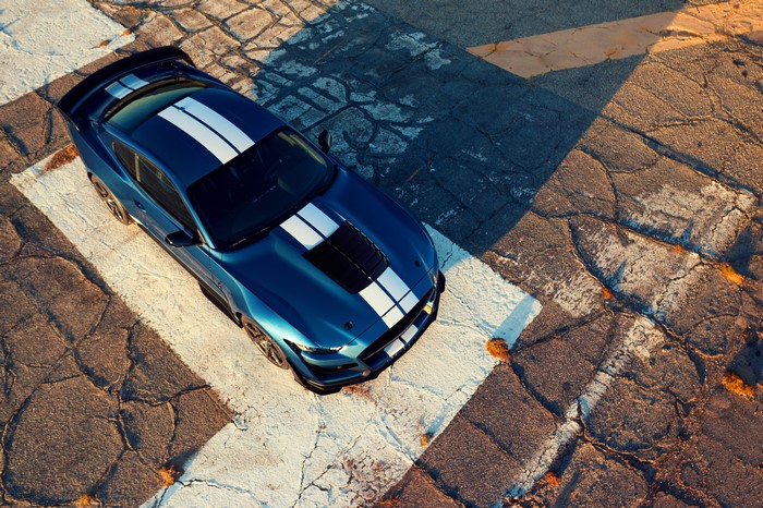 Blue 2019 Ford Mustang Shelby GT500 from above