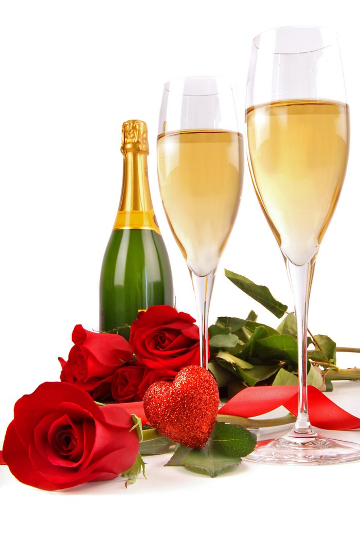 Champagne bottle and glasses with roses and heart