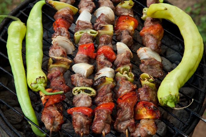 4K Shashlik Meat and Vegetables on Grill