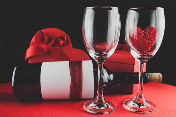 Valentine's Day wine glasses and gift box