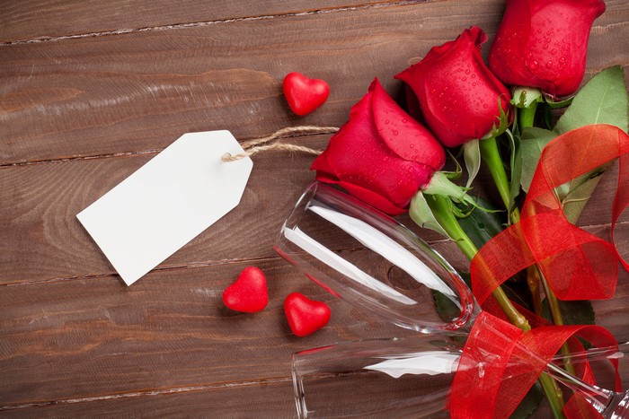 Valentine's Day Roses with Champagne Glasses and Tag