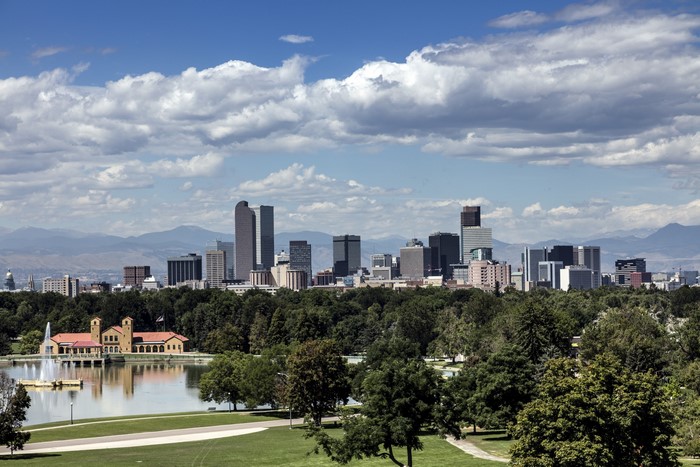 Denver Skyline with Mountains and Park