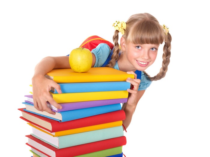 Smiling Girl with Colorful Books and Apple 4K