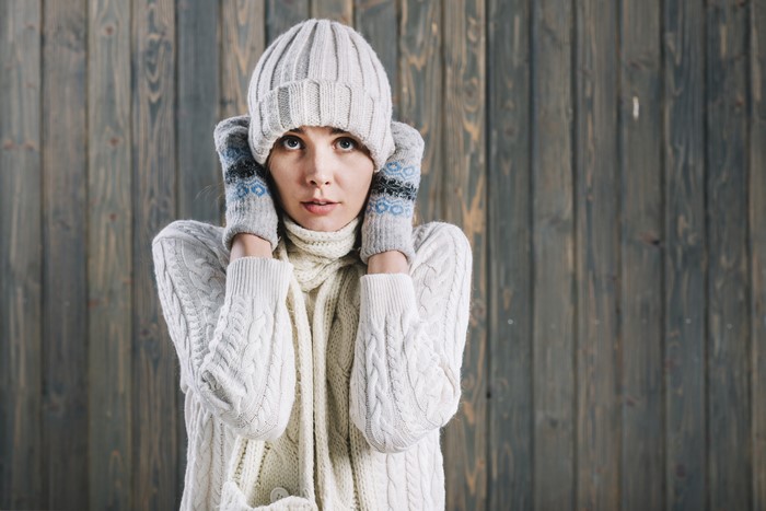 Woman in winter hat and mittens