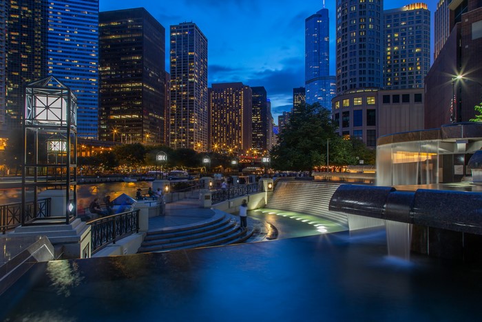 Chicago Riverwalk at Dusk with City Skyline