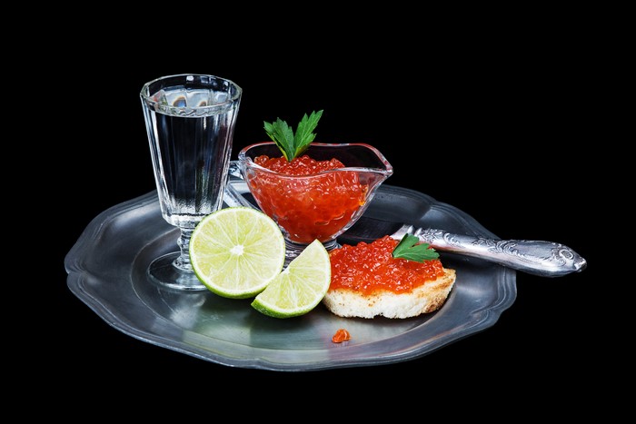 Vodka, Caviar, and Lime on a Tray