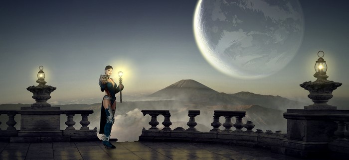 Woman with staff on balcony with planet and mountain