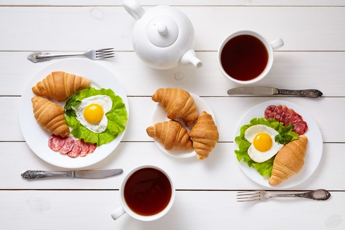 Breakfast with Croissants, Fried Eggs, Sausage, and Tea