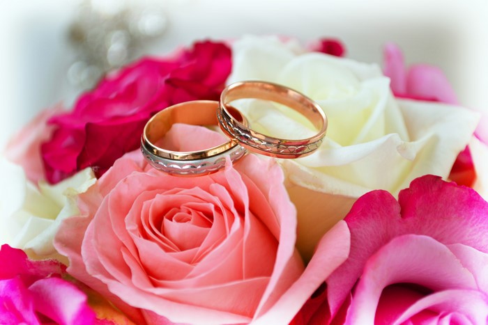 Two gold rings on a bouquet of roses