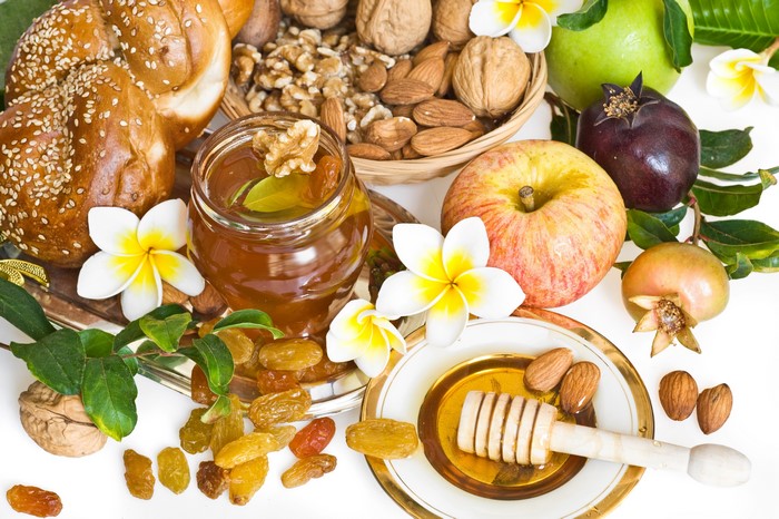 Apples, Honey, Nuts, Raisins, and Plumeria Flowers