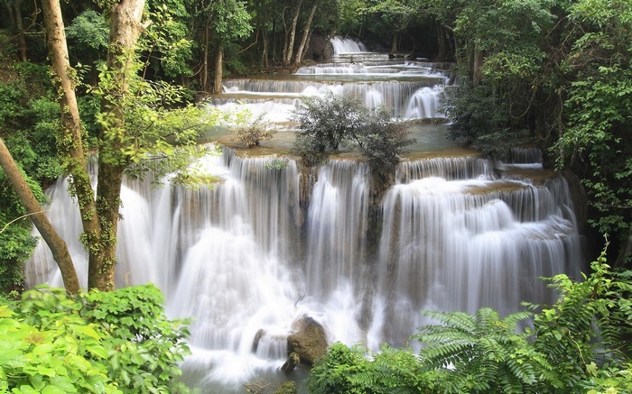 Tiered waterfall cascading through a lush green forest