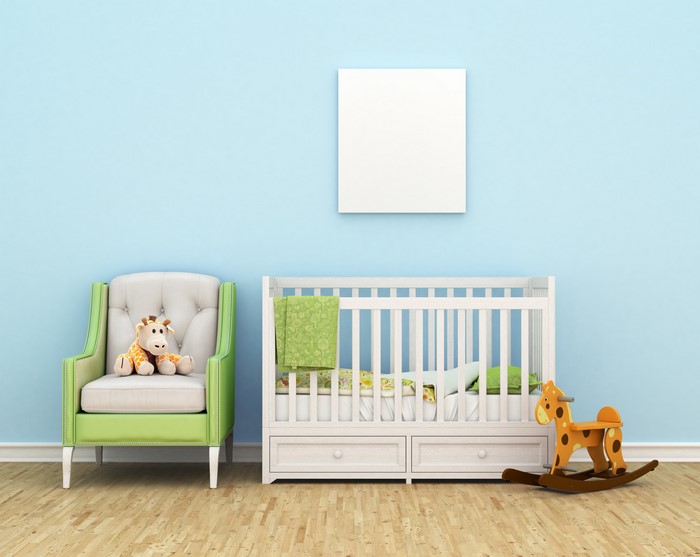 Children's room interior with armchair, crib, and rocking horse