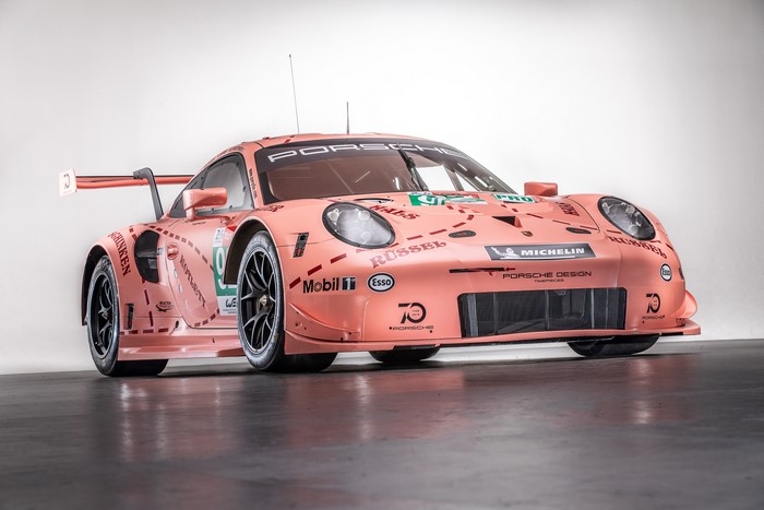 Porsche 911 RSR race car in pink livery